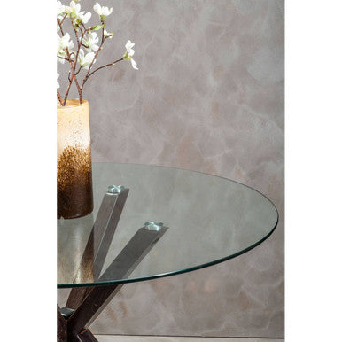 Orsina Salford Round Glass Dining Table | Black Wood Effect Metal Legs