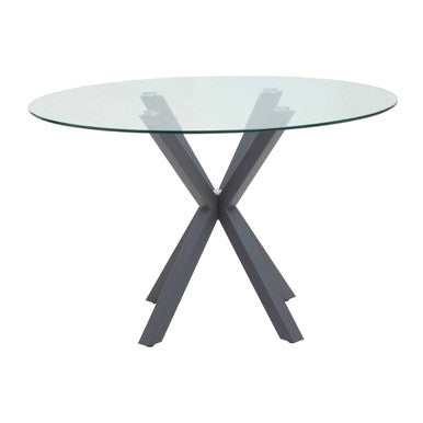 Orsina Salford Round Glass Dining Table | Grey Metal Starburst Base