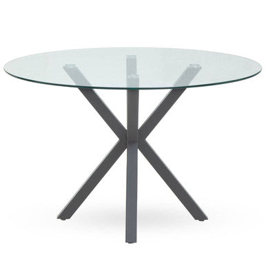 Orsina Salford Round Glass Dining Table | Grey Metal Starburst Base