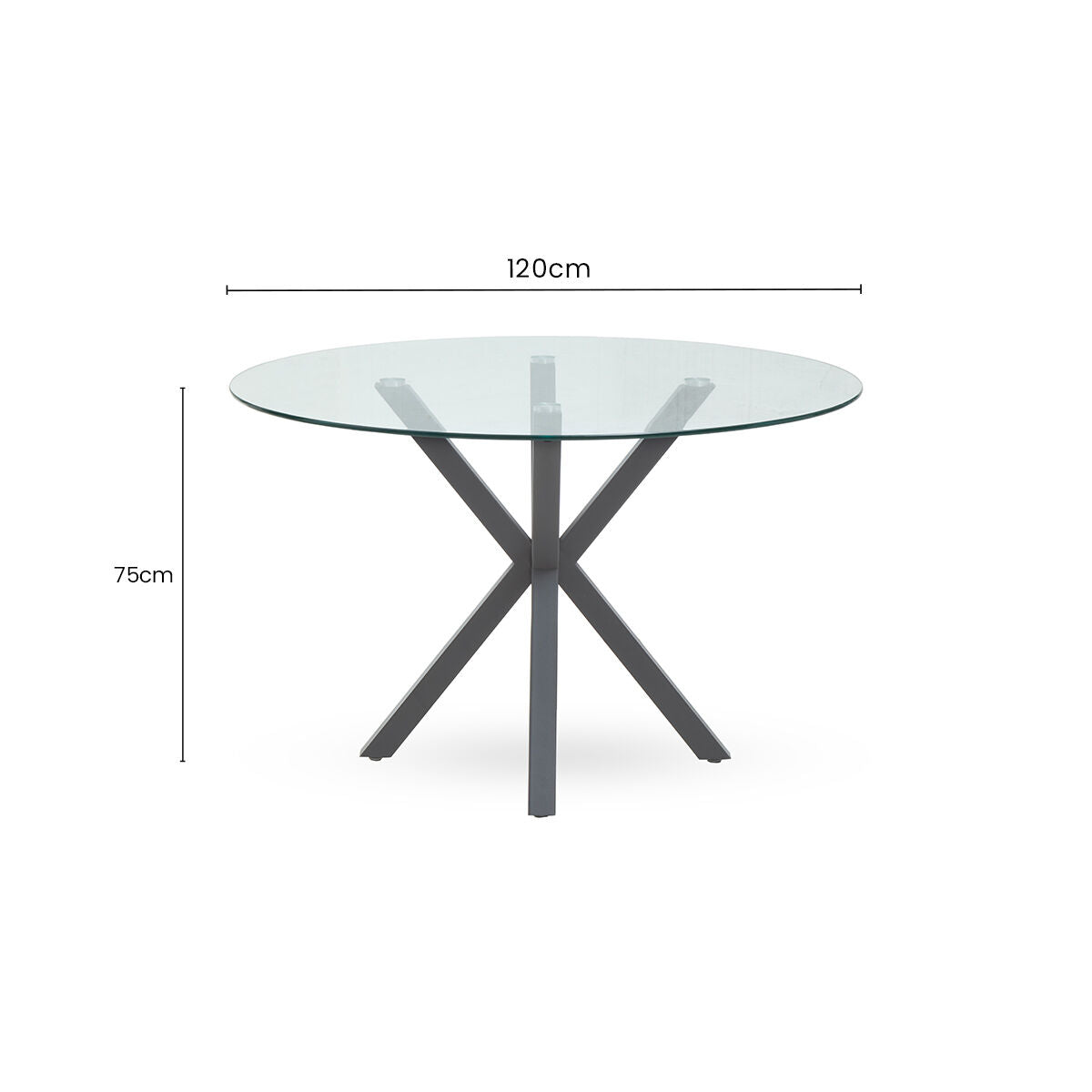Orsina Salford Round Glass Dining Table | Grey Metal Starburst Base