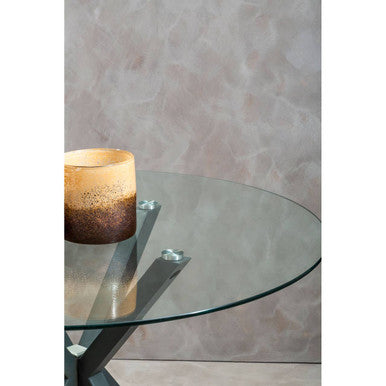 Orsina Salford Round Glass Dining Table | Grey Metal Starburst Base