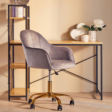 Orsina Brent Grey Velvet Home Office Chair with Gold Base Swivel
