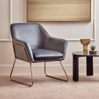 Orsina Xander Grey Velvet Accent Chair with Brushed Gold Base