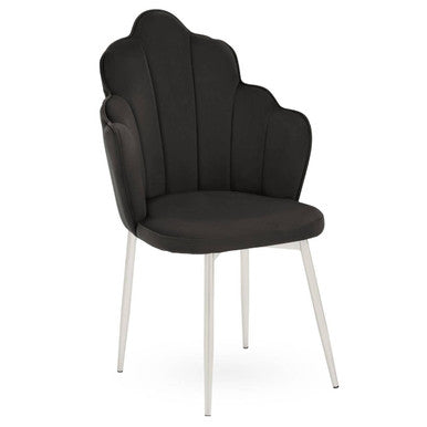 Orsina Tian Black Velvet Dining Chair with Scalloped Back and Chrome Legs