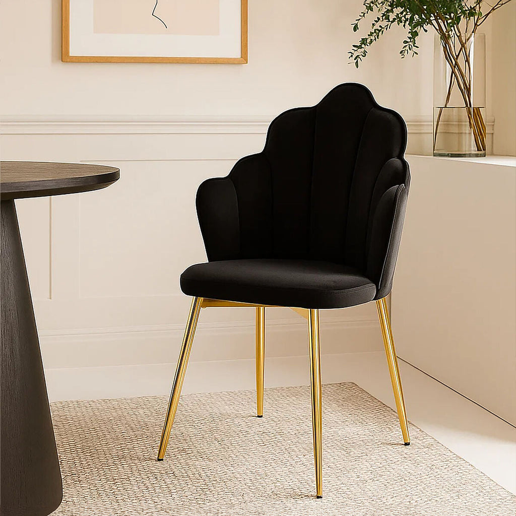 Orsina Tian Black Velvet Dining Chair | Scalloped Back with Gold Legs