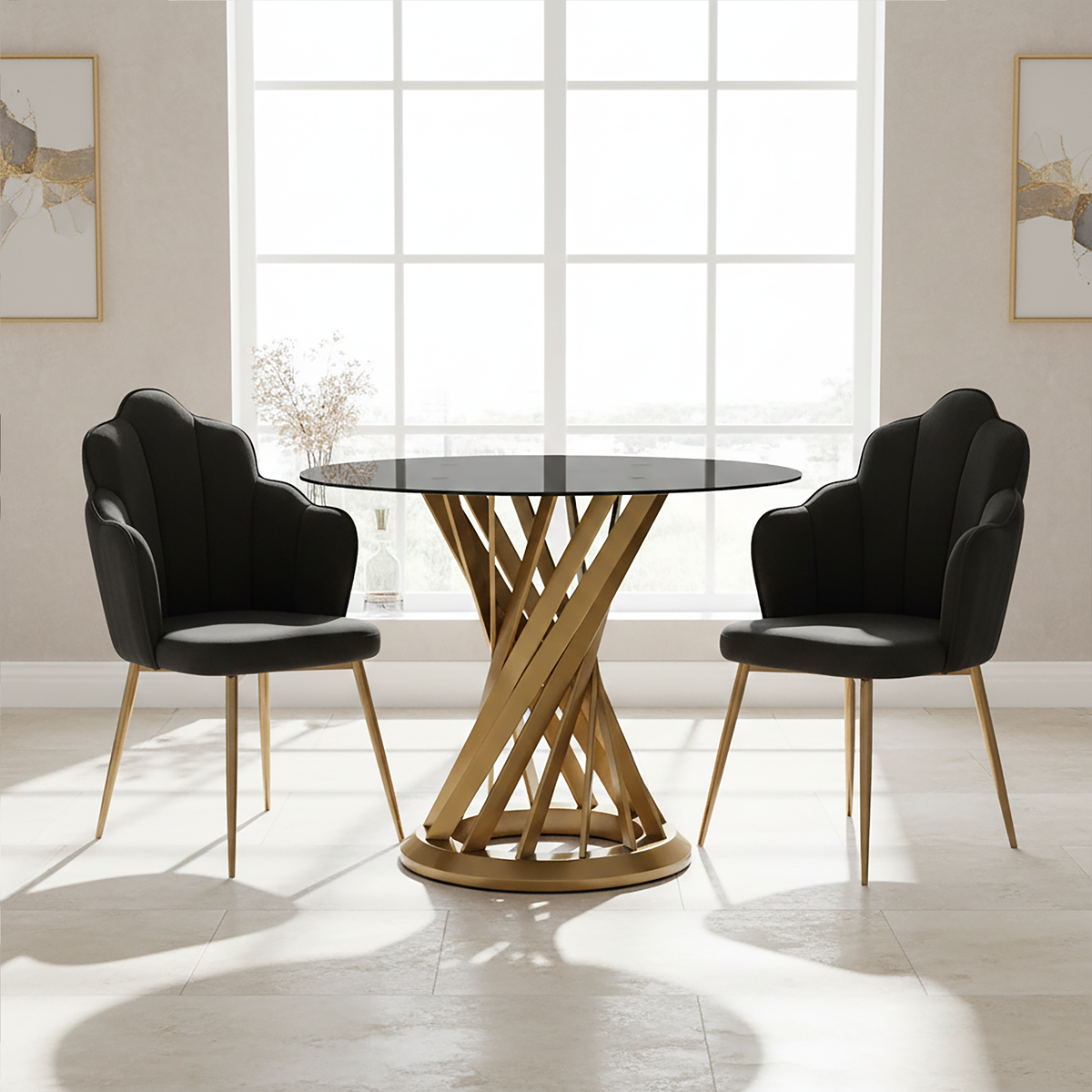 Orsina Tian Black Velvet Dining Chair | Scalloped Back with Gold Legs