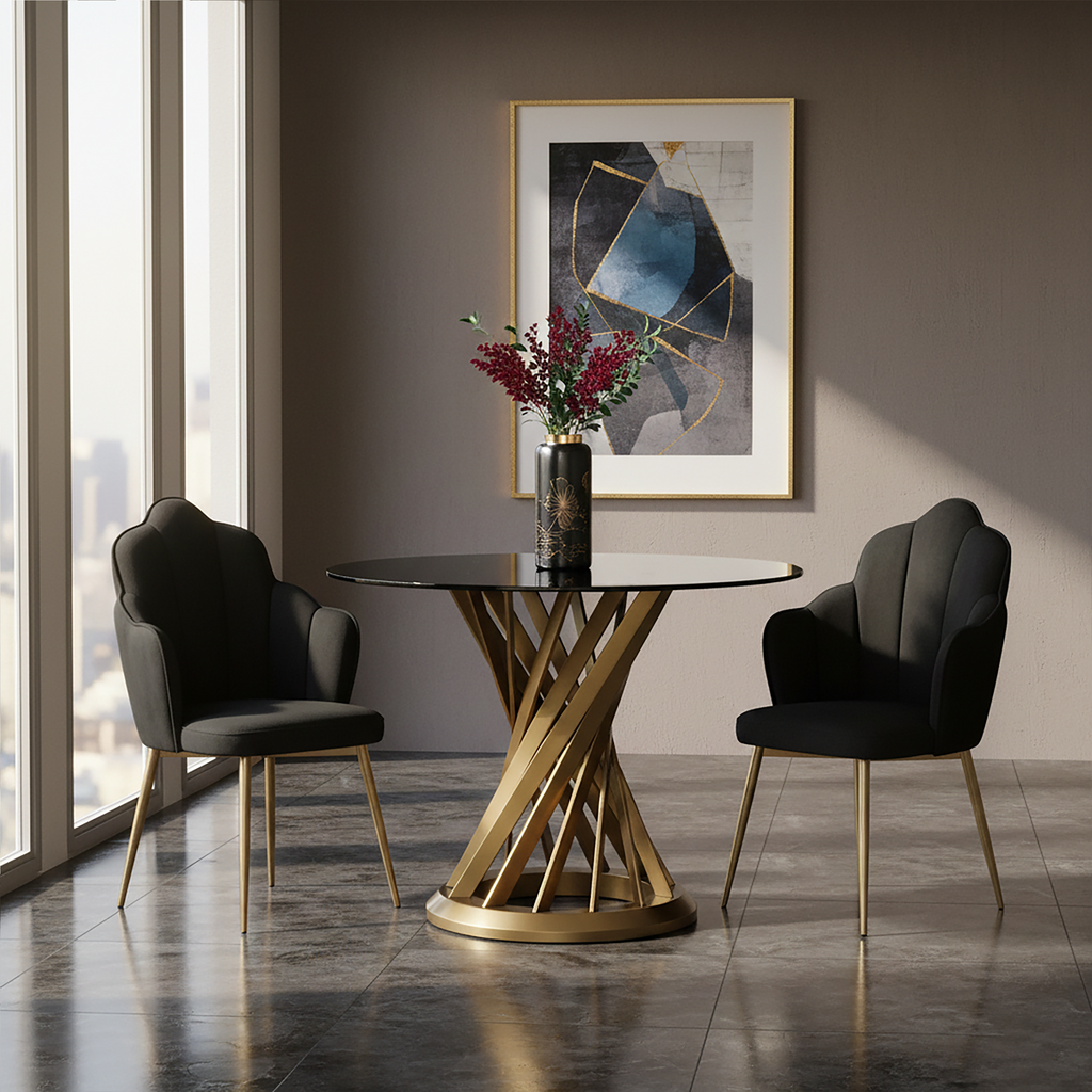 Orsina Tian Black Velvet Dining Chair | Scalloped Back with Gold Legs
