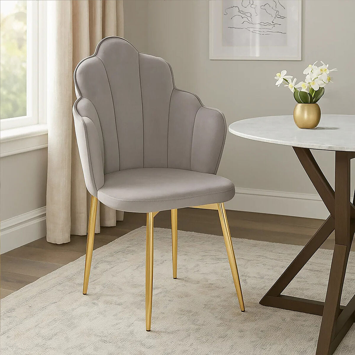 Orsina Tian Grey Velvet Dining Chair | Scalloped Back with Gold Legs