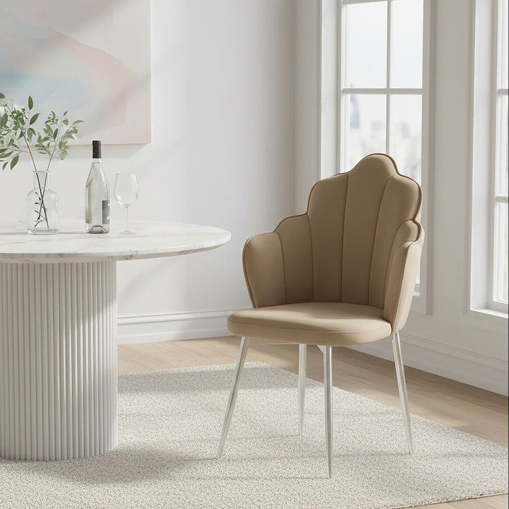 Orsina Tian Mink Velvet Dining Chair | Scalloped Back with Chrome Legs