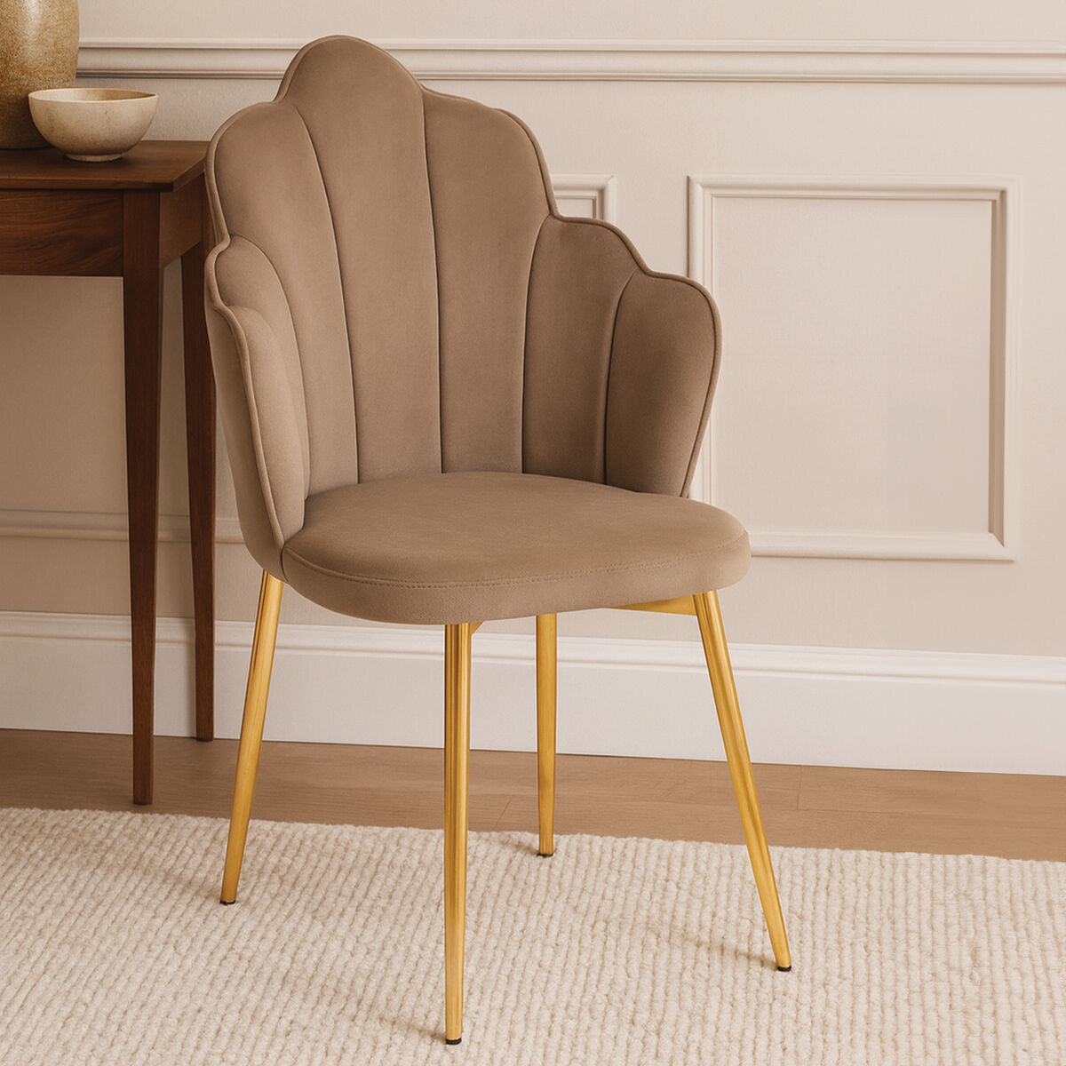 Orsina Tian Mink Velvet Dining Chair | Scalloped Back with Gold Legs