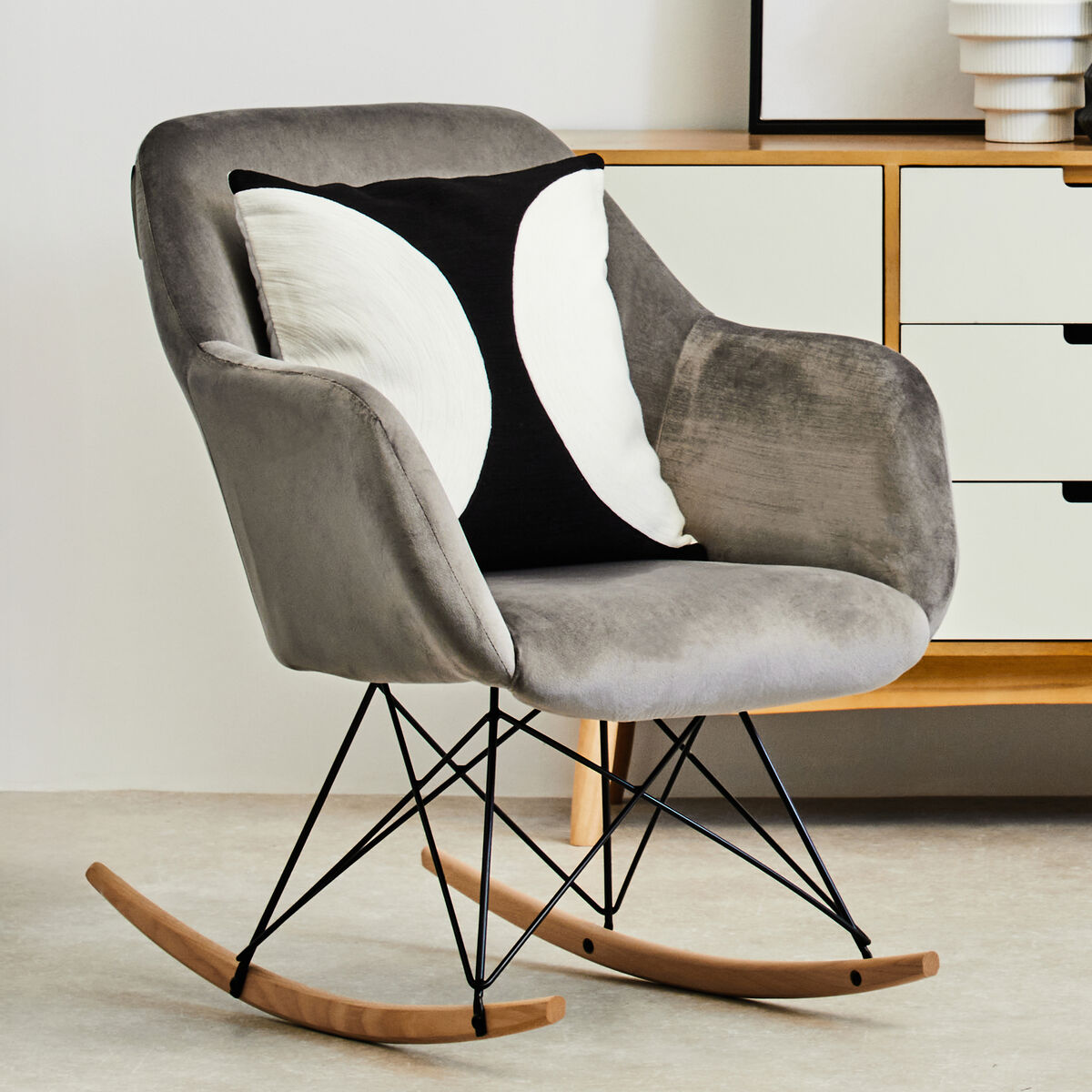 Orsina Stockholm Small Grey Velvet Rocking Chair | Modern Nursery Rocker