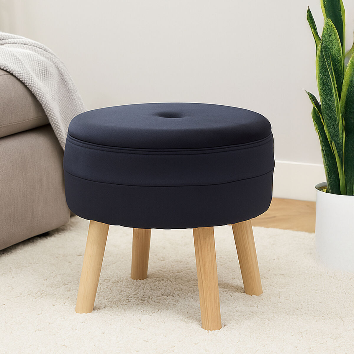 Orsina Ivy Black Velvet Storage Stool – Round Padded Ottoman Seat