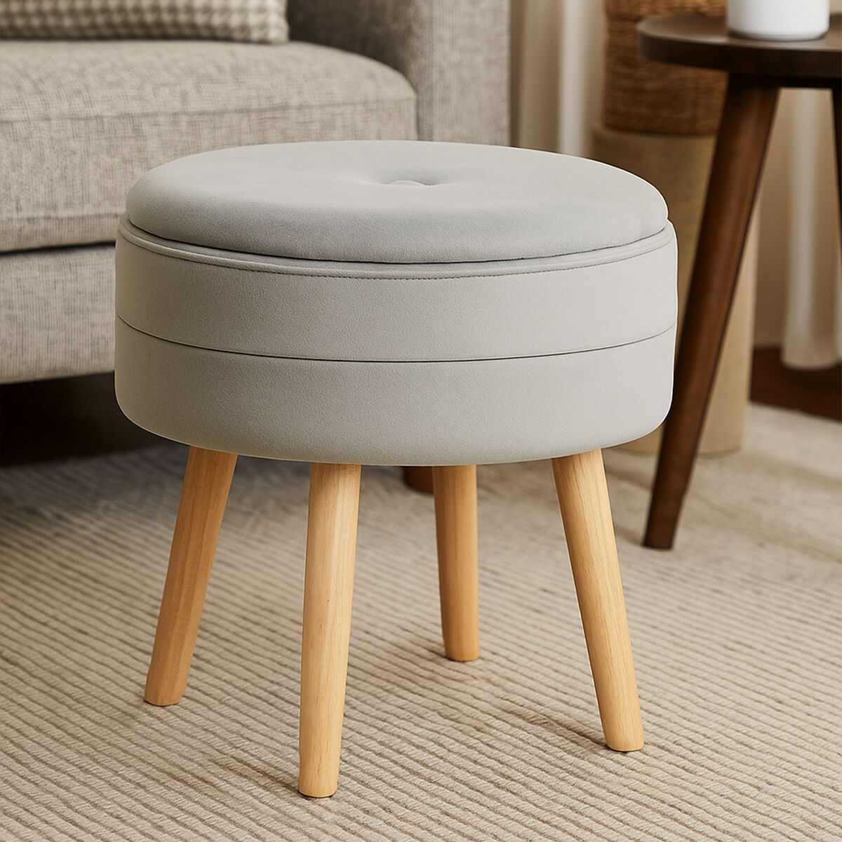Orsina Ivy Grey Velvet Storage Stool – Round Vanity Ottoman Seat