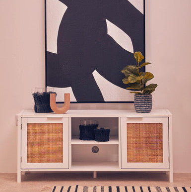 Orsina Sherman White Wood and Rattan Media Unit | Modern TV Stand