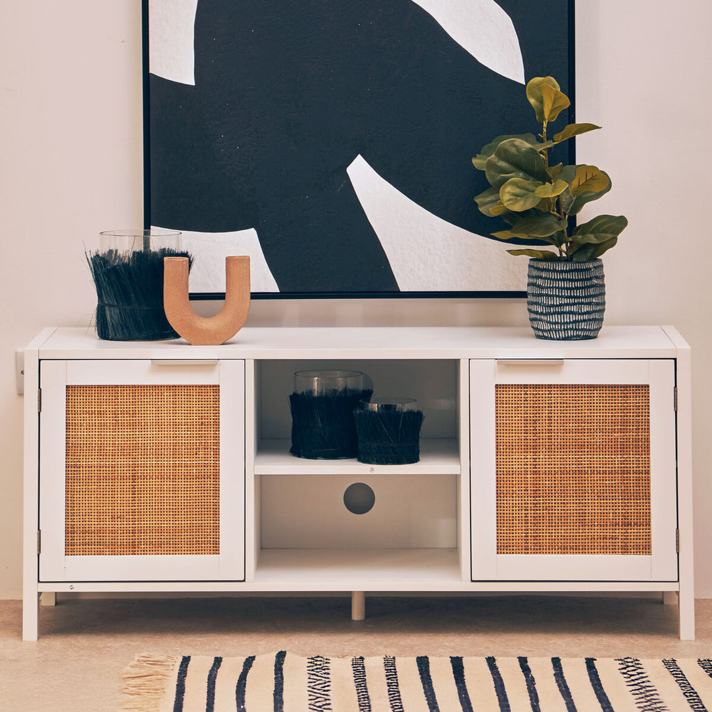 Orsina Sherman White Wood and Rattan Media Unit | Modern TV Stand