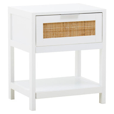 Orsina Sherman White Wood and Rattan Side Table | 1-Drawer Nightstand
