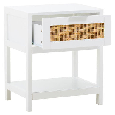 Orsina Sherman White Wood and Rattan Side Table | 1-Drawer Nightstand