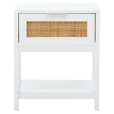 Orsina Sherman White Wood and Rattan Side Table | 1-Drawer Nightstand