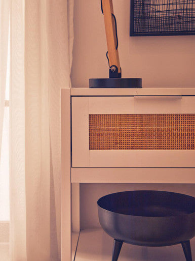 Orsina Sherman White Wood and Rattan Side Table | 1-Drawer Nightstand
