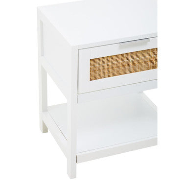 Orsina Sherman White Wood and Rattan Side Table | 1-Drawer Nightstand