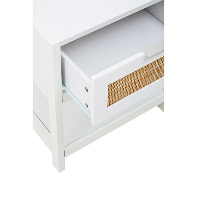 Orsina Sherman White Wood and Rattan Side Table | 1-Drawer Nightstand