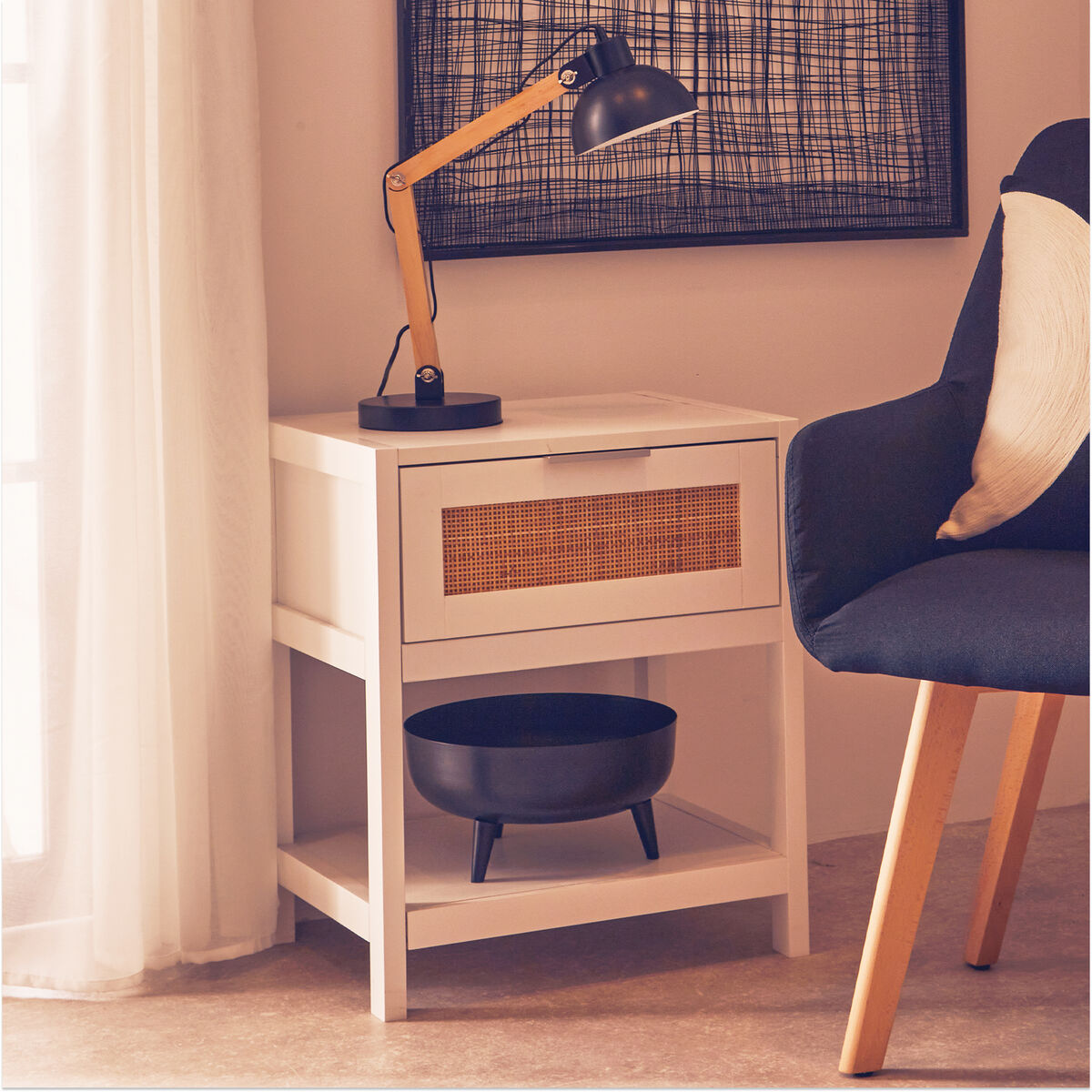 Orsina Sherman White Wood and Rattan Side Table | 1-Drawer Nightstand