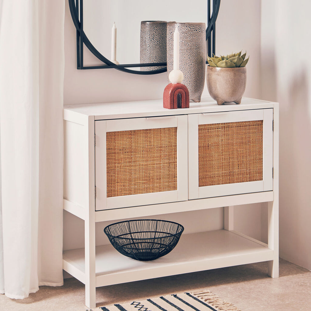 Orsina Sherman White Wood and Rattan 2-Drawer Side Storage Cabinet