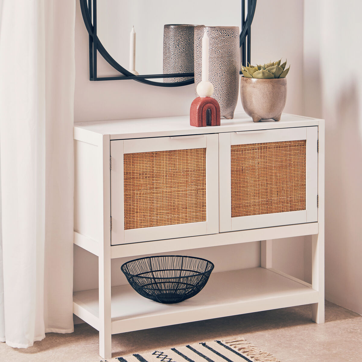 Orsina Sherman White Wood and Rattan 2-Drawer Side Storage Cabinet