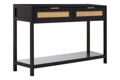 Orsina Sherman Black Wood and Rattan 2-Drawer Console Table