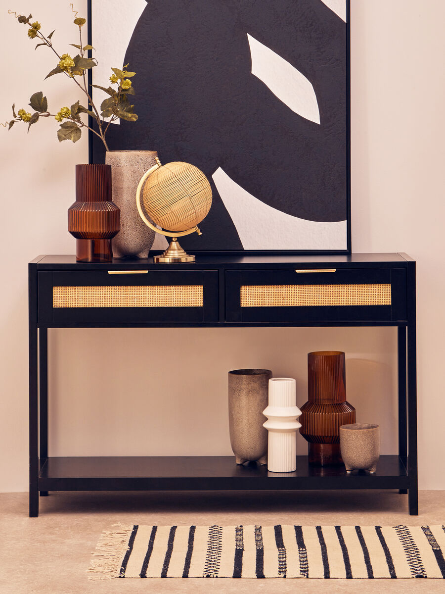 Orsina Sherman Black Wood and Rattan 2-Drawer Console Table