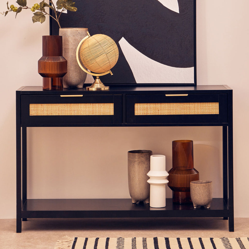 Orsina Sherman Black Wood and Rattan 2-Drawer Console Table