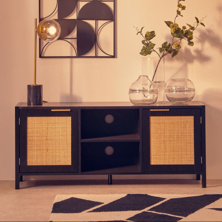 Orsina Sherman Black Wood and Rattan Media Unit | Modern TV Stand