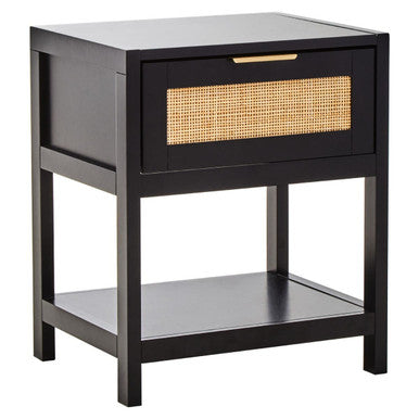 Orsina Sherman Black Wood and Rattan Bedside Table - 1 Drawer Nightstand