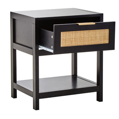 Orsina Sherman Black Wood and Rattan Bedside Table - 1 Drawer Nightstand