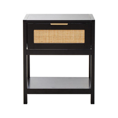 Orsina Sherman Black Wood and Rattan Bedside Table - 1 Drawer Nightstand