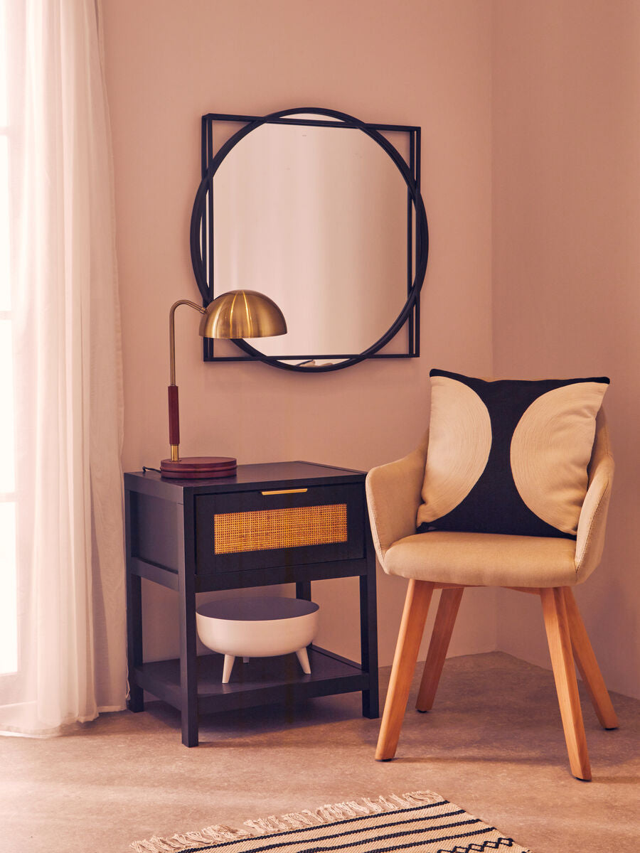 Orsina Sherman Black Wood and Rattan Bedside Table - 1 Drawer Nightstand