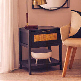 Orsina Sherman Black Wood and Rattan Bedside Table - 1 Drawer Nightstand