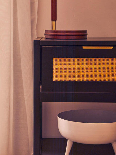 Orsina Sherman Black Wood and Rattan Bedside Table - 1 Drawer Nightstand