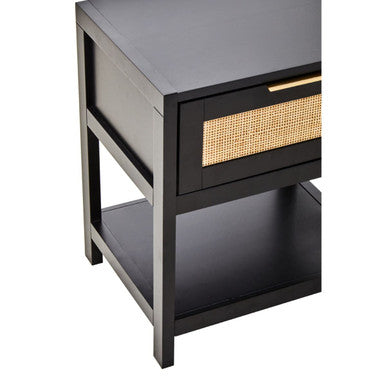 Orsina Sherman Black Wood and Rattan Bedside Table - 1 Drawer Nightstand
