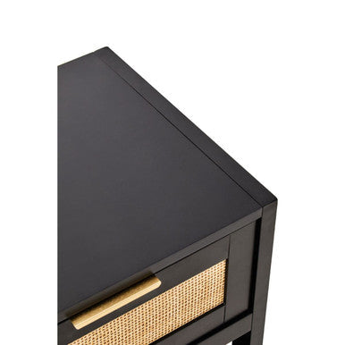 Orsina Sherman Black Wood and Rattan Bedside Table - 1 Drawer Nightstand
