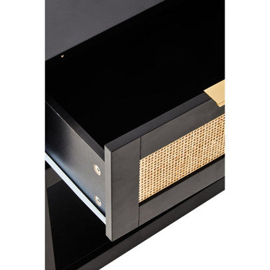 Orsina Sherman Black Wood and Rattan Bedside Table - 1 Drawer Nightstand