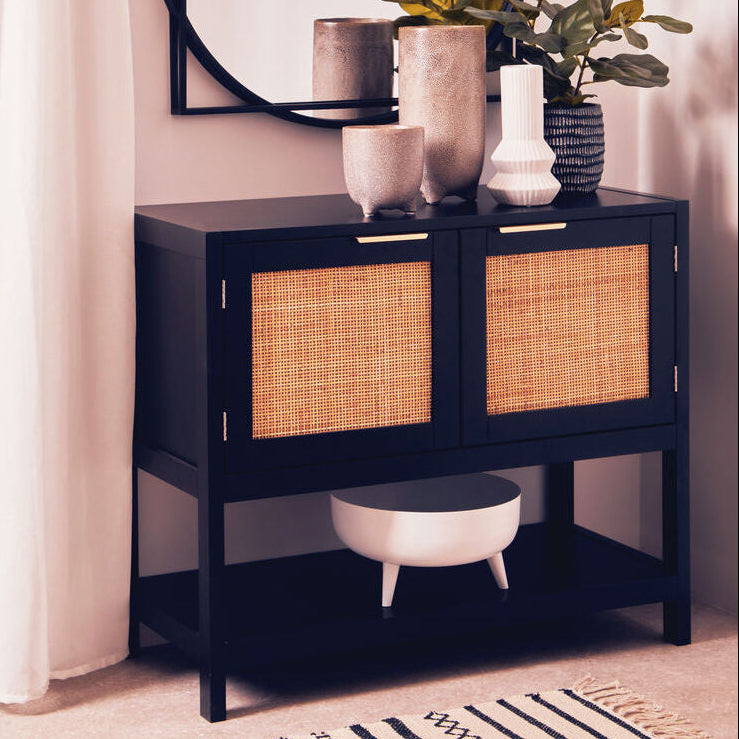 Orsina Sherman Black Wood and Rattan 2-Door Side Storage Cabinet
