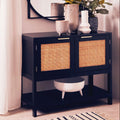Orsina Sherman Black Wood and Rattan 2-Door Side Storage Cabinet