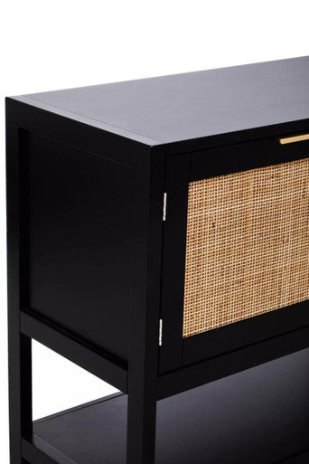 Orsina Sherman Black Wood and Rattan 2-Door Side Storage Cabinet