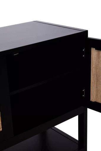 Orsina Sherman Black Wood and Rattan 2-Door Side Storage Cabinet