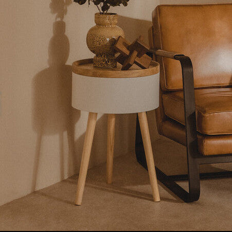 Orsina Viborg Round Wooden Side Table with Hidden Storage - Natural