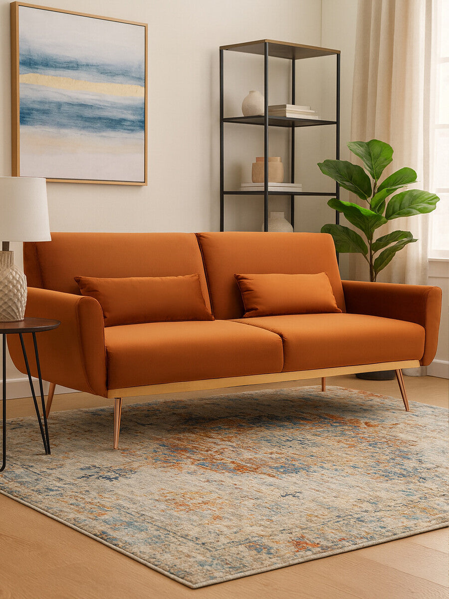 Orsina Hatton Burnt Orange Velvet Sofa Bed – Mid-Century Guest Bed