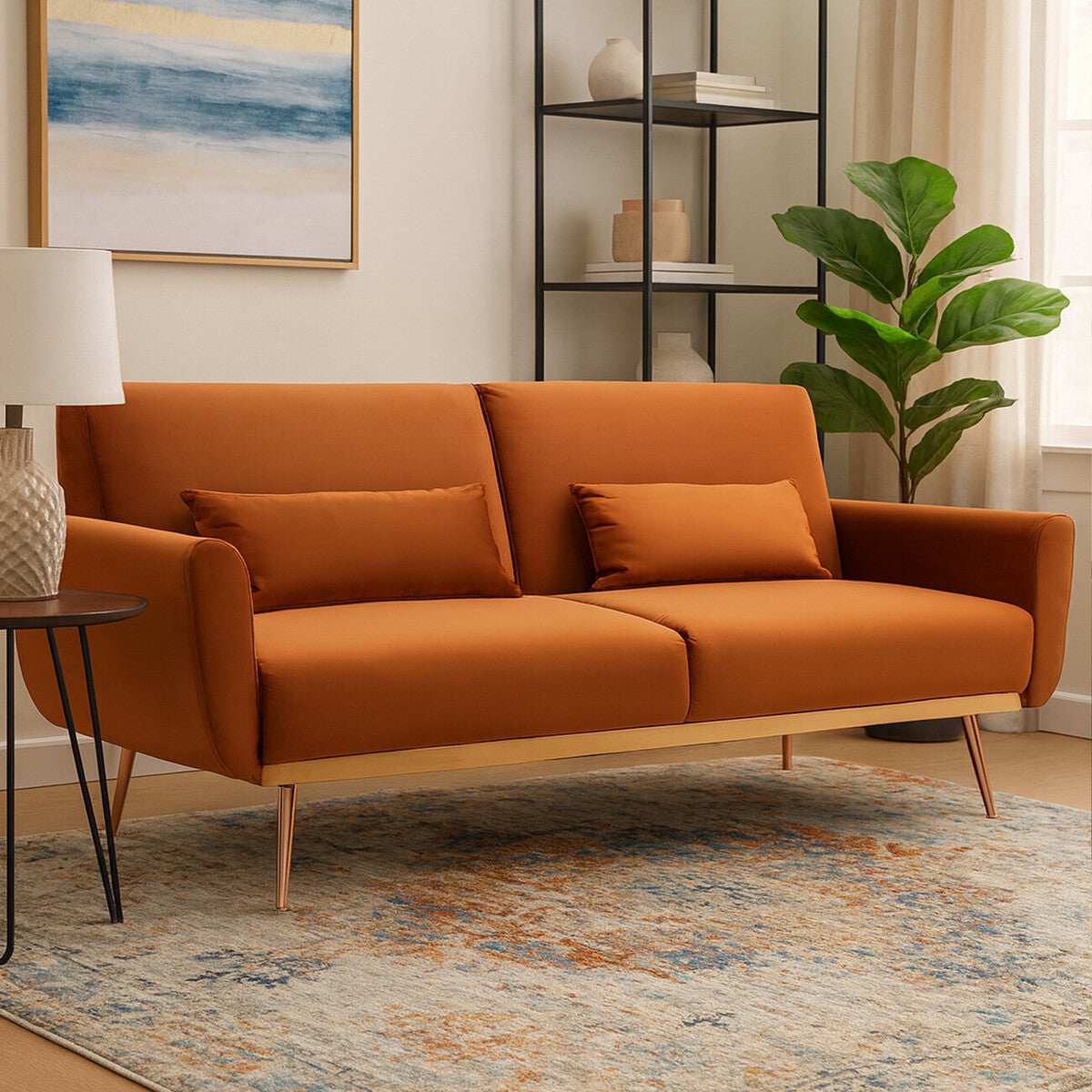 Orsina Hatton Burnt Orange Velvet Sofa Bed – Mid-Century Guest Bed