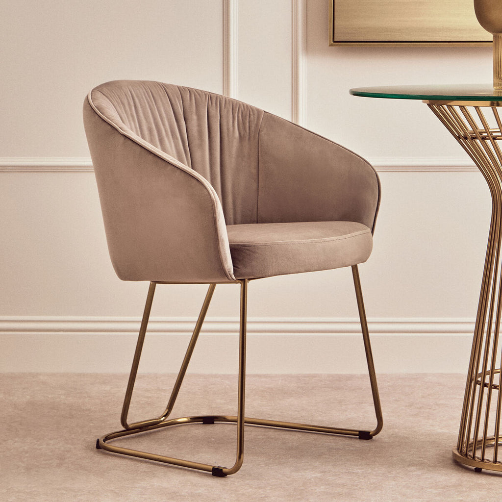 Orsina Veneto Mink Velvet Curved Dining Chair | Gold Base Seating