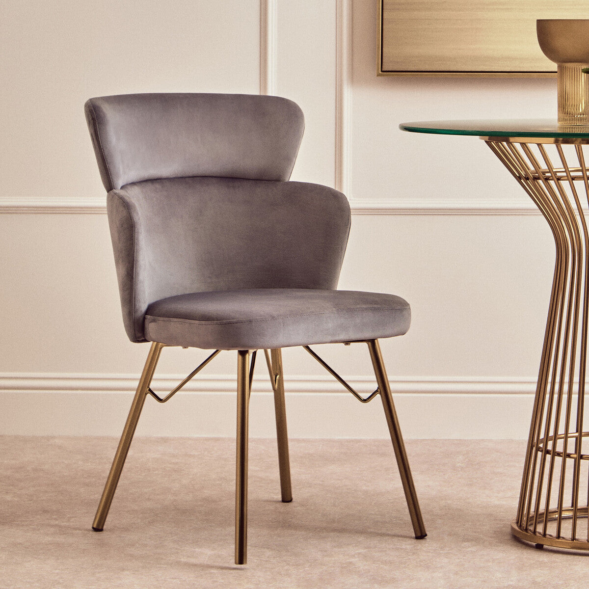 Orsina Veneto Grey Velvet Dining Chair with Polished Gold Metal Base